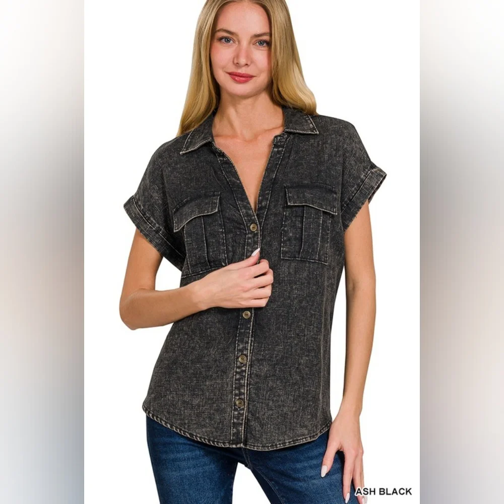 NWT - Linen Blend Acid Washed Button-Down Batwing Sleeve Shirt - Ash Black- L